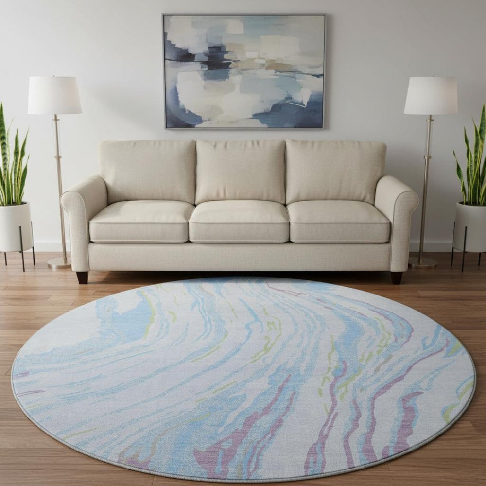 HomeRoots 8' Sky Blue Abstract Round Rug - Modern Stain-Resistant, UV Protected, Non-Slip for Family Spaces 681410