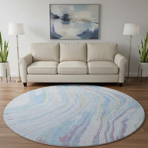 HomeRoots 8' Sky Blue Abstract Round Rug - Modern Stain-Resistant, UV Protected, Non-Slip for Family Spaces 681410