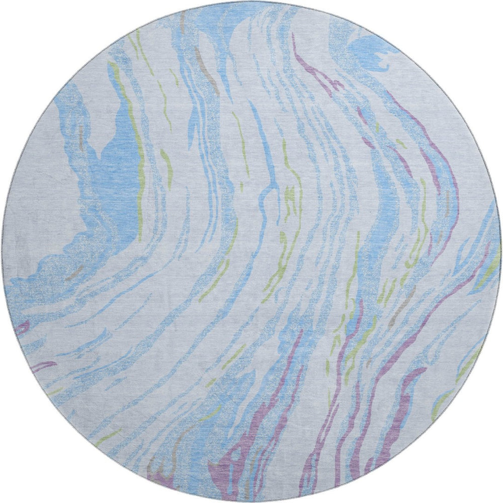 HomeRoots 8' Sky Blue Abstract Round Rug - Modern Stain-Resistant, UV Protected, Non-Slip for Family Spaces 681410
