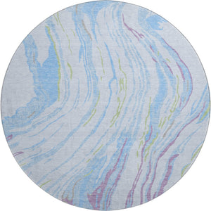 HomeRoots 8' Sky Blue Abstract Round Rug - Modern Stain-Resistant, UV Protected, Non-Slip for Family Spaces 681410