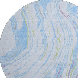 HomeRoots 8' Sky Blue Abstract Round Rug - Modern Stain-Resistant, UV Protected, Non-Slip for Family Spaces 681410