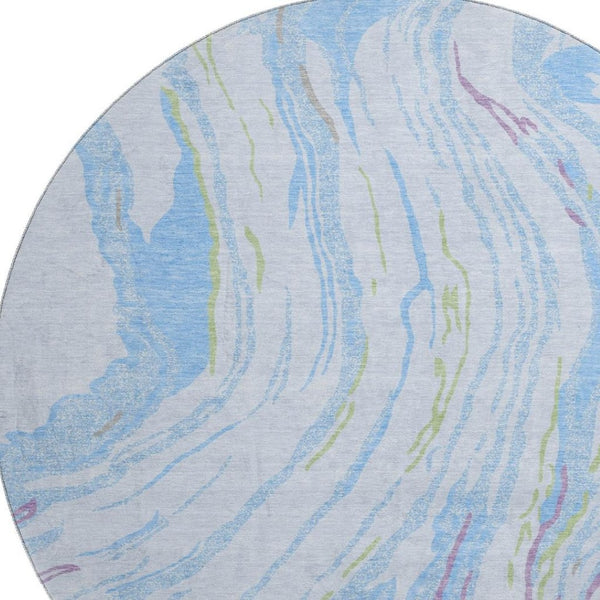 HomeRoots 8' Sky Blue Abstract Round Rug - Modern Stain-Resistant, UV Protected, Non-Slip for Family Spaces 681410