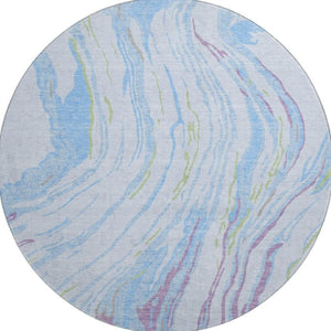 HomeRoots 8' Sky Blue Abstract Round Rug - Modern Stain-Resistant, UV Protected, Non-Slip for Family Spaces 681410