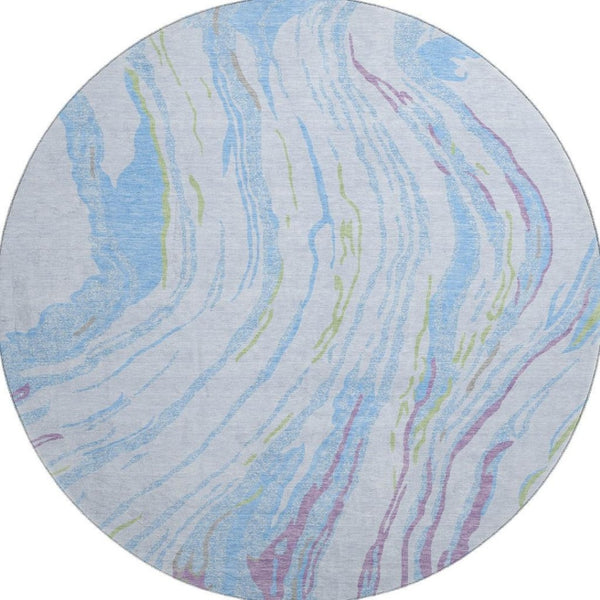 HomeRoots 8' Sky Blue Abstract Round Rug - Modern Stain-Resistant, UV Protected, Non-Slip for Family Spaces 681410