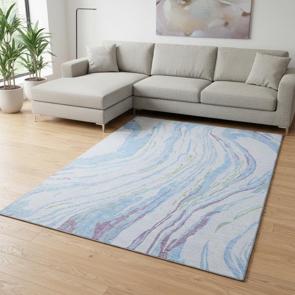 HomeRoots 8' x 10' Modern Abstract Sky Blue, Lavender & Green Washable Area Rug with UV Protection Features 681411