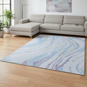 HomeRoots 10' Sky Blue, Lavender & Green Abstract Washable Area Rug with UV Protection for Modern Spaces 681413