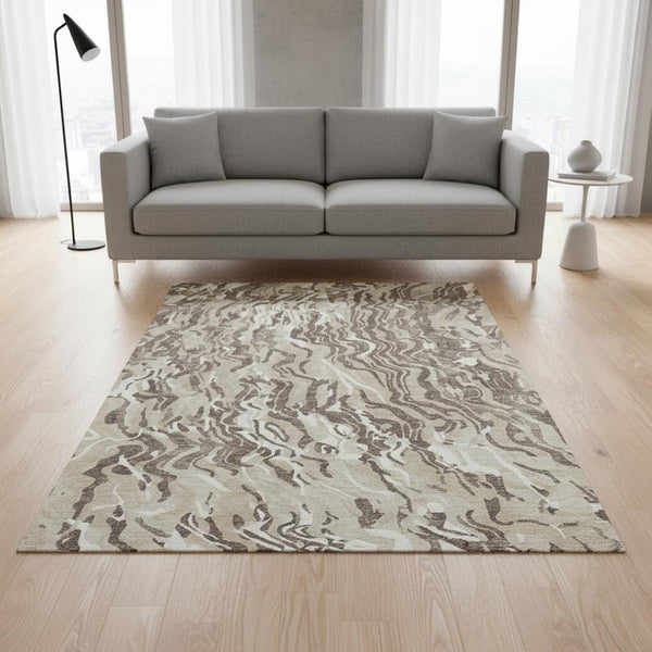 HomeRoots 5' X 8' Abstract Beige Taupe Ivory Washable Area Rug - UV Protected, Soft, Stain-Resistant Design 681415