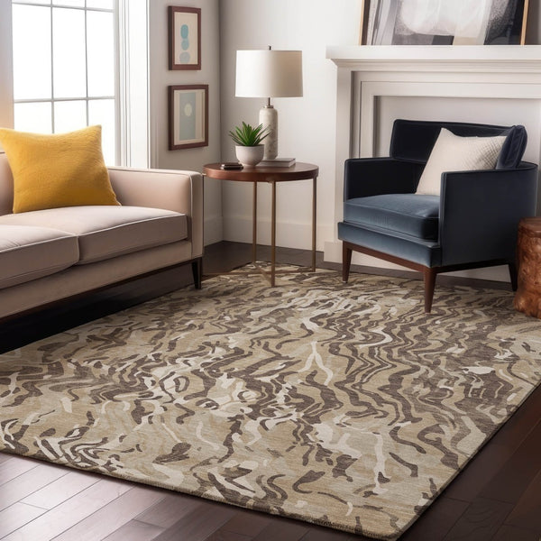 HomeRoots 5' X 8' Abstract Beige Taupe Ivory Washable Area Rug - UV Protected, Soft, Stain-Resistant Design 681415
