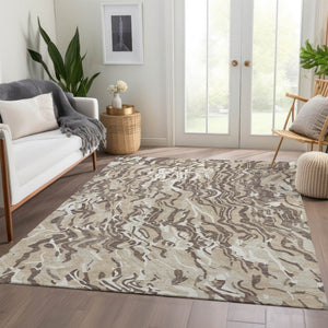 HomeRoots 5' X 8' Abstract Beige Taupe Ivory Washable Area Rug - UV Protected, Soft, Stain-Resistant Design 681415