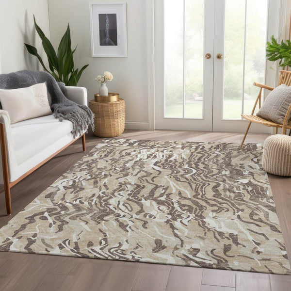 HomeRoots 5' X 8' Abstract Beige Taupe Ivory Washable Area Rug - UV Protected, Soft, Stain-Resistant Design 681415