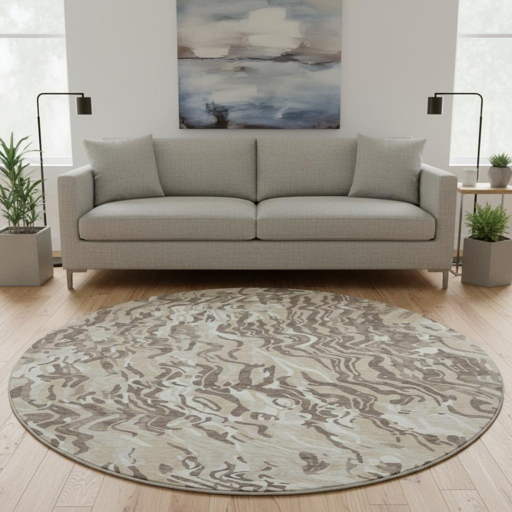 HomeRoots 8' Abstract Washable Round Rug in Beige, Taupe & Ivory - UV Protected, Stain Resistant & Stylish Design 681416