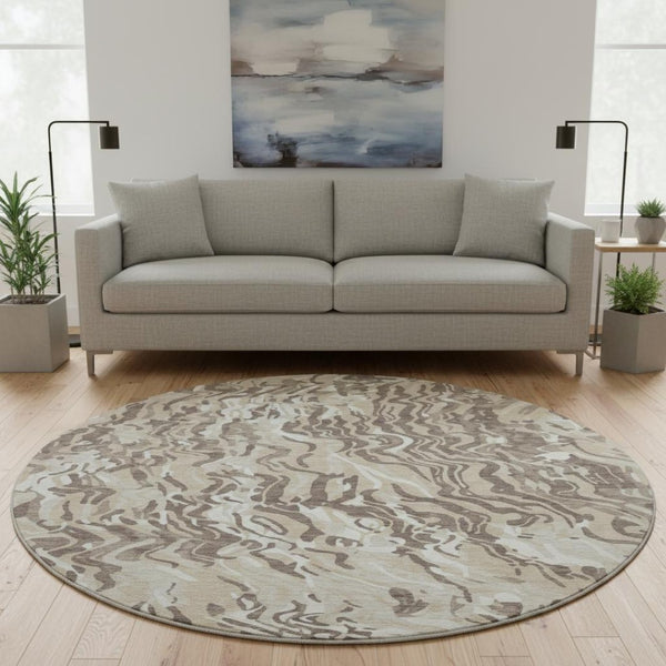 HomeRoots 8' Abstract Washable Round Rug in Beige, Taupe & Ivory - UV Protected, Stain Resistant & Stylish Design 681416
