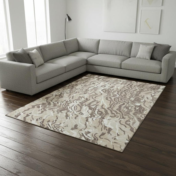 HomeRoots 8' X 10' Abstract Washable Area Rug in Beige Taupe & Ivory - Durable, UV Protected & Stain-Resistant! 681417