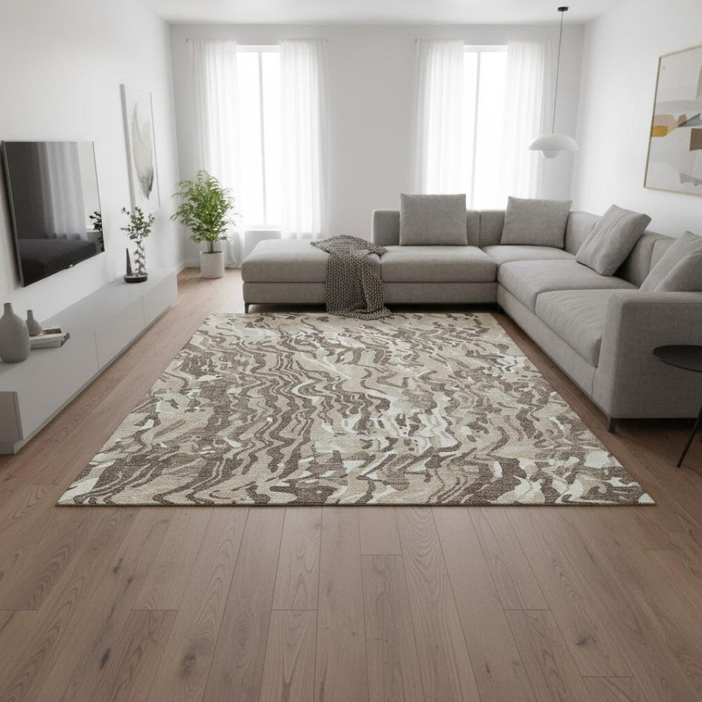 HomeRoots 9' X 12' Beige Taupe Ivory Abstract Washable Area Rug with UV Protection for Modern Living Spaces 681418