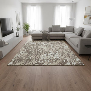 HomeRoots 9' X 12' Beige Taupe Ivory Abstract Washable Area Rug with UV Protection for Modern Living Spaces 681418