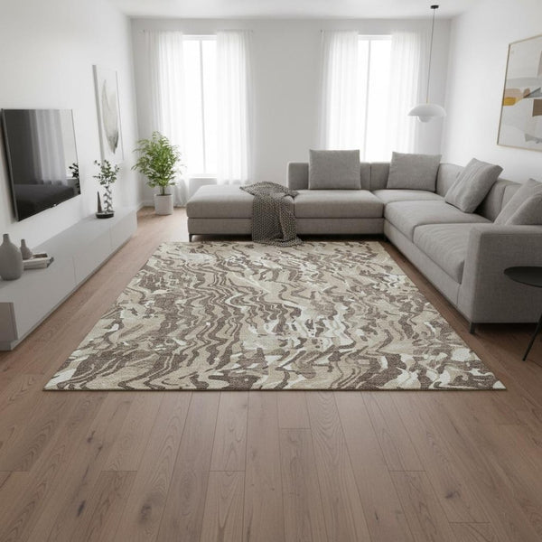 HomeRoots 9' X 12' Beige Taupe Ivory Abstract Washable Area Rug with UV Protection for Modern Living Spaces 681418