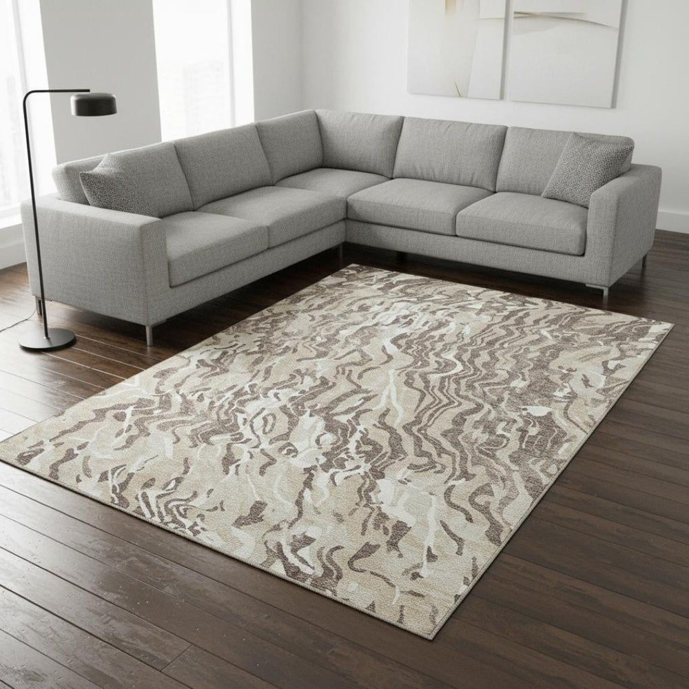 HomeRoots 10' Beige Taupe & Ivory Abstract Washable Area Rug – Durable, UV Protected, & Easy-Care for Homes 681419