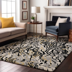 HomeRoots 5' X 8' Abstract Area Rug in Black, Gold & Ivory - Washable, UV Protected, Durable for High Traffic Homes 681421