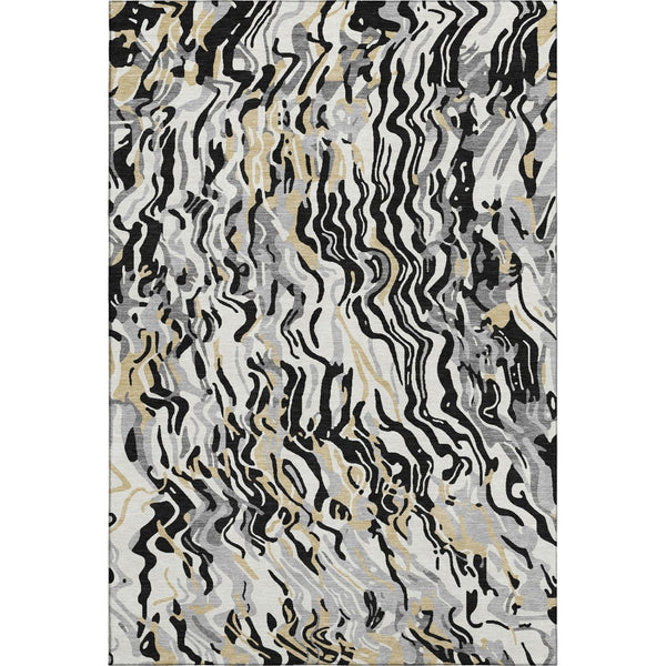 HomeRoots 5' X 8' Abstract Area Rug in Black, Gold & Ivory - Washable, UV Protected, Durable for High Traffic Homes 681421