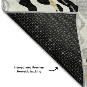 HomeRoots 5' X 8' Abstract Area Rug in Black, Gold & Ivory - Washable, UV Protected, Durable for High Traffic Homes 681421