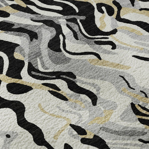 HomeRoots 5' X 8' Abstract Area Rug in Black, Gold & Ivory - Washable, UV Protected, Durable for High Traffic Homes 681421