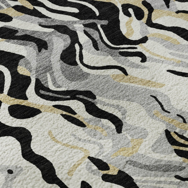 HomeRoots 5' X 8' Abstract Area Rug in Black, Gold & Ivory - Washable, UV Protected, Durable for High Traffic Homes 681421