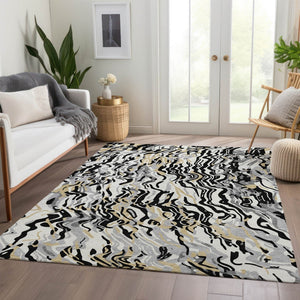 HomeRoots 5' X 8' Abstract Area Rug in Black, Gold & Ivory - Washable, UV Protected, Durable for High Traffic Homes 681421