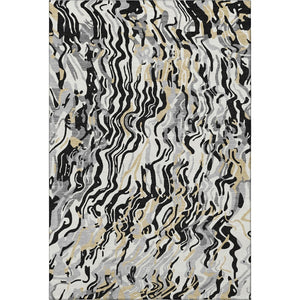 HomeRoots 5' X 8' Abstract Area Rug in Black, Gold & Ivory - Washable, UV Protected, Durable for High Traffic Homes 681421
