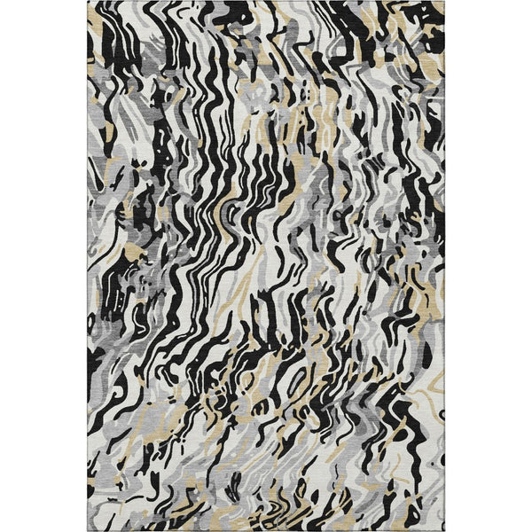 HomeRoots 5' X 8' Abstract Area Rug in Black, Gold & Ivory - Washable, UV Protected, Durable for High Traffic Homes 681421