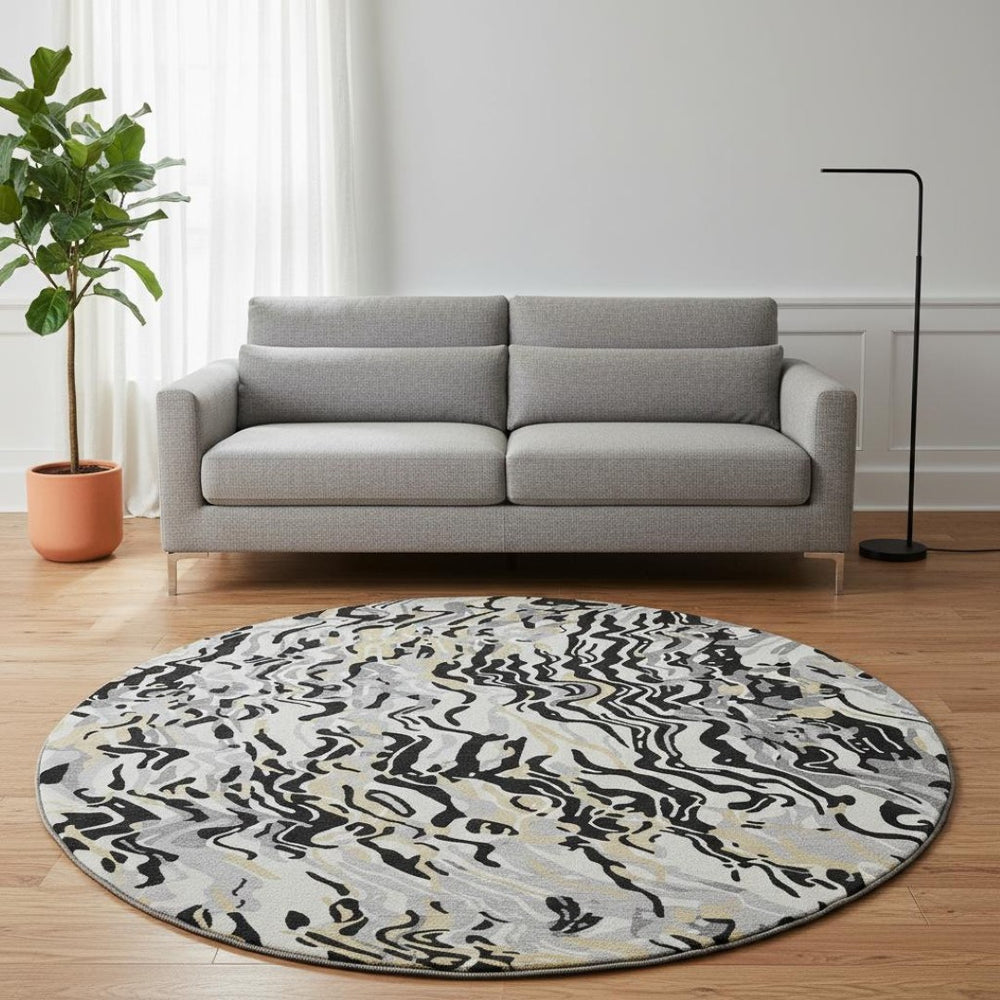 HomeRoots 8' Black Gold and Ivory Abstract Round Washable Rug with UV Protection for Modern Spaces - Durable & Stylish 681422
