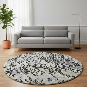 HomeRoots 8' Black Gold and Ivory Abstract Round Washable Rug with UV Protection for Modern Spaces - Durable & Stylish 681422