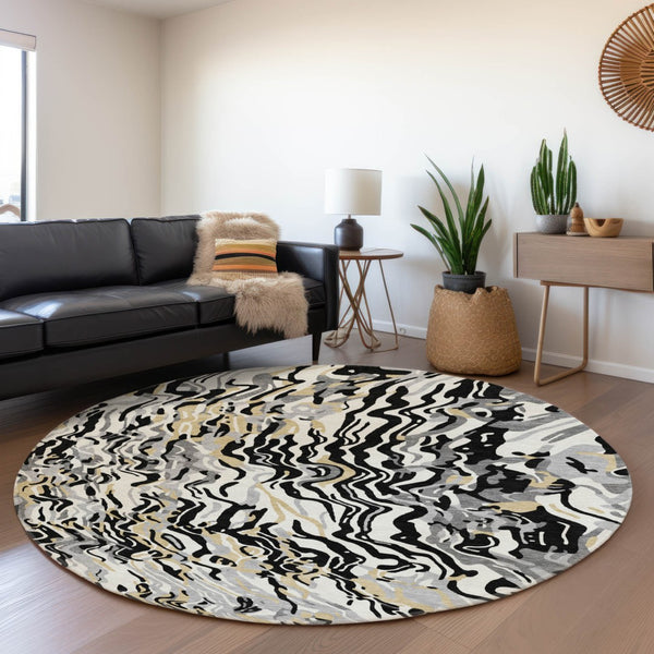 HomeRoots 8' Black Gold and Ivory Abstract Round Washable Rug with UV Protection for Modern Spaces - Durable & Stylish 681422