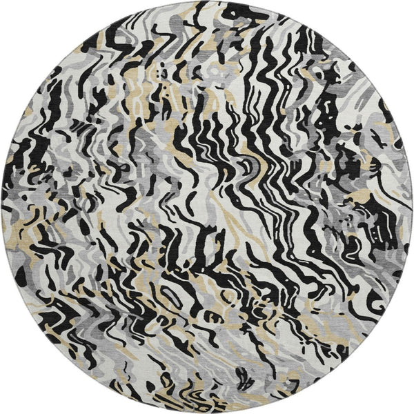 HomeRoots 8' Black Gold and Ivory Abstract Round Washable Rug with UV Protection for Modern Spaces - Durable & Stylish 681422