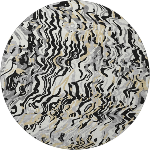 HomeRoots 8' Black Gold and Ivory Abstract Round Washable Rug with UV Protection for Modern Spaces - Durable & Stylish 681422