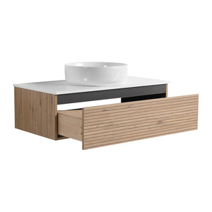 English Elm 36'' Floating Wall Mounted Vanity Plywood Cabinet with Ceramic Vessel Sink Soft Close Drawer W999S00362