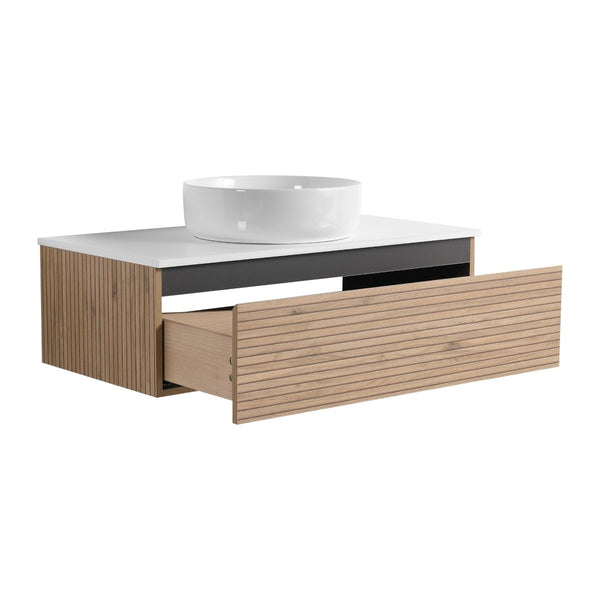 English Elm 36'' Floating Wall Mounted Vanity Plywood Cabinet with Ceramic Vessel Sink Soft Close Drawer W999S00362