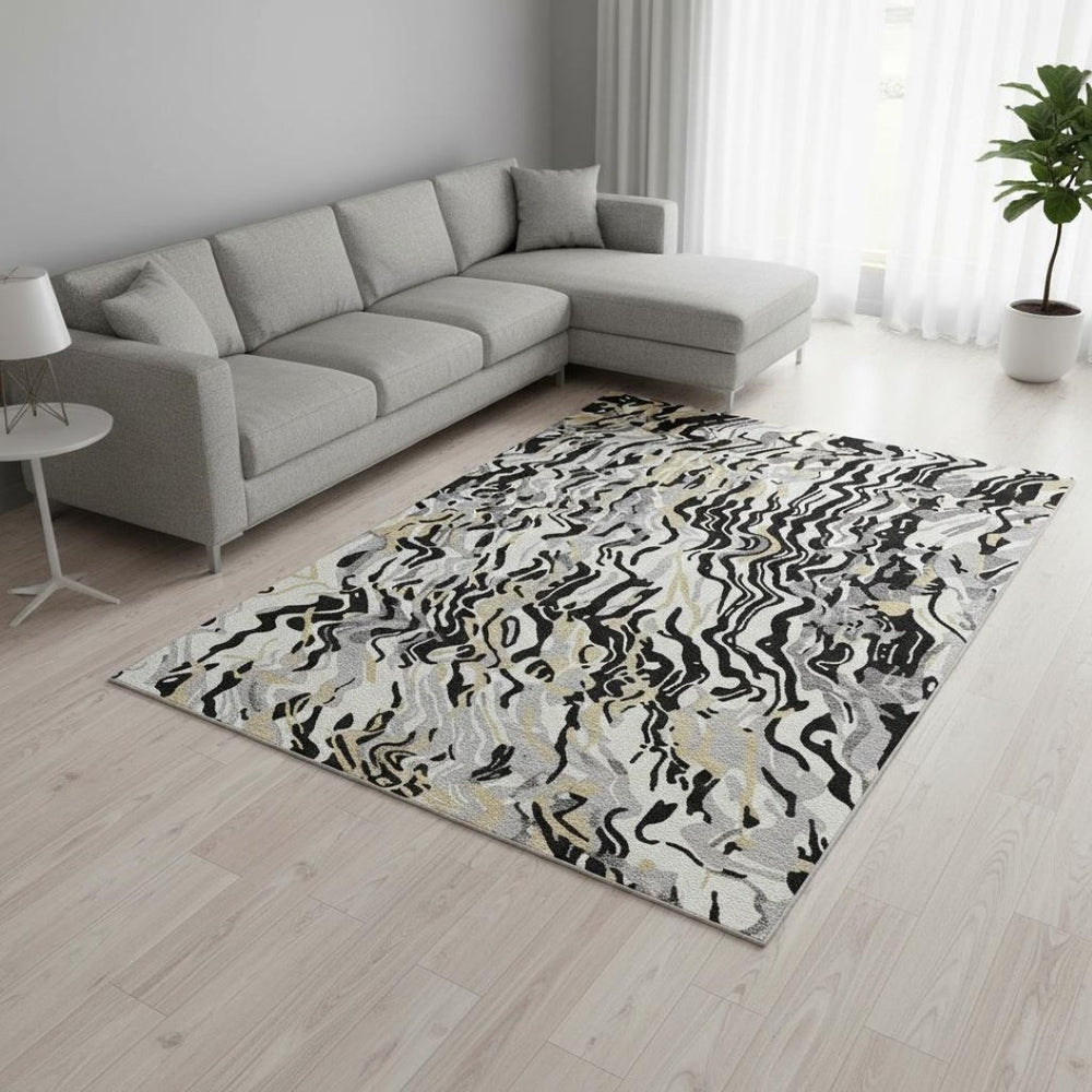 HomeRoots 8' X 10' Washable Abstract Area Rug in Black, Gold & Ivory - Durable, Stain Resistant, UV Protected 681423