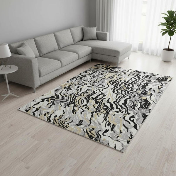 HomeRoots 8' X 10' Washable Abstract Area Rug in Black, Gold & Ivory - Durable, Stain Resistant, UV Protected 681423