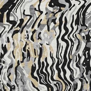 HomeRoots 8' X 10' Washable Abstract Area Rug in Black, Gold & Ivory - Durable, Stain Resistant, UV Protected 681423