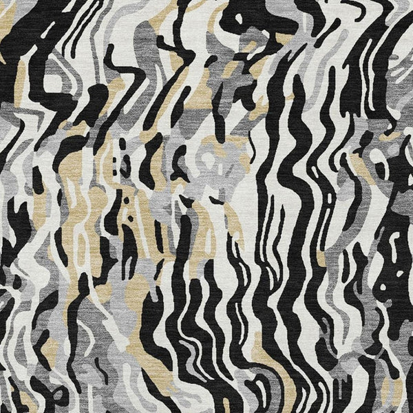 HomeRoots 8' X 10' Washable Abstract Area Rug in Black, Gold & Ivory - Durable, Stain Resistant, UV Protected 681423