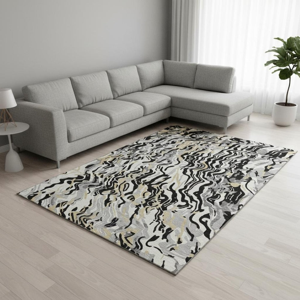 HomeRoots 9' X 12' Abstract Washable Area Rug in Black, Gold & Ivory - UV Resistant, Stain-Repellent Design 681424