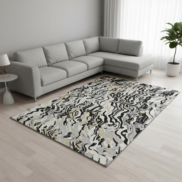 HomeRoots 9' X 12' Abstract Washable Area Rug in Black, Gold & Ivory - UV Resistant, Stain-Repellent Design 681424
