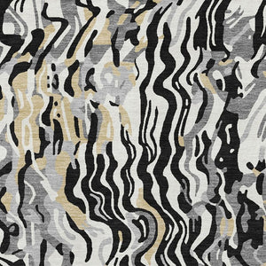 HomeRoots 9' X 12' Abstract Washable Area Rug in Black, Gold & Ivory - UV Resistant, Stain-Repellent Design 681424