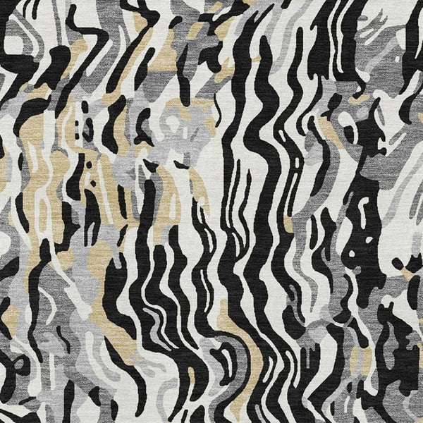 HomeRoots 9' X 12' Abstract Washable Area Rug in Black, Gold & Ivory - UV Resistant, Stain-Repellent Design 681424