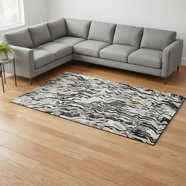 HomeRoots 10' X 14' Bold Black, Gold & Ivory Abstract Washable Area Rug with UV Protection for Modern Homes 681425