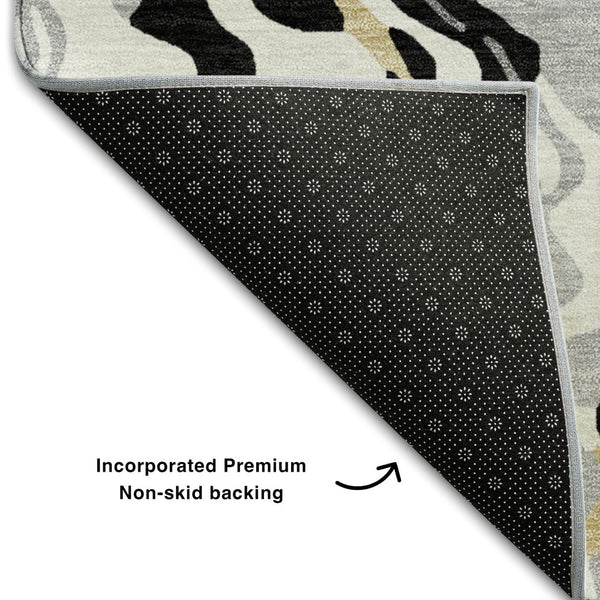 HomeRoots 10' X 14' Bold Black, Gold & Ivory Abstract Washable Area Rug with UV Protection for Modern Homes 681425