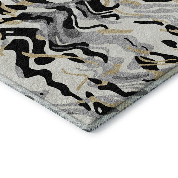 HomeRoots 10' X 14' Bold Black, Gold & Ivory Abstract Washable Area Rug with UV Protection for Modern Homes 681425