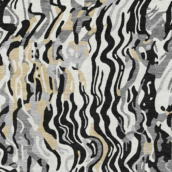 HomeRoots 10' X 14' Bold Black, Gold & Ivory Abstract Washable Area Rug with UV Protection for Modern Homes 681425