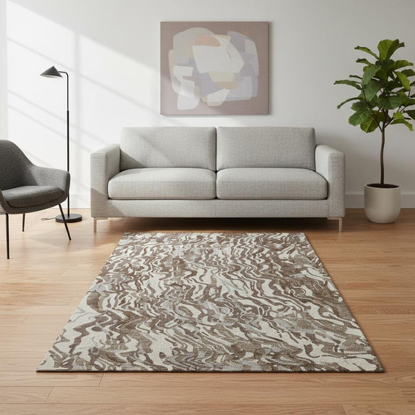 HomeRoots 5' X 8' Washable Abstract Area Rug in Brown, Beige & Taupe - UV Protected, Stain Resistant, Durable Design 681427