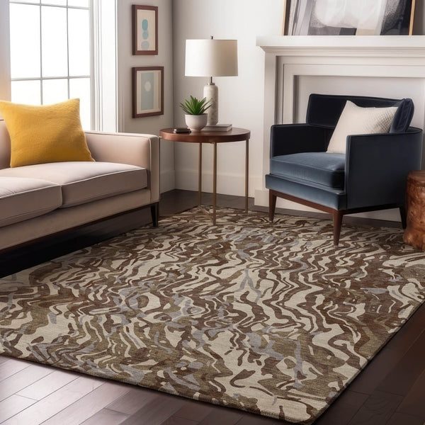 HomeRoots 5' X 8' Washable Abstract Area Rug in Brown, Beige & Taupe - UV Protected, Stain Resistant, Durable Design 681427